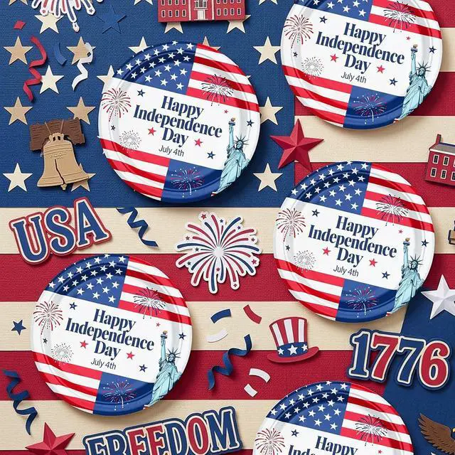 Alt view image 2 of 6 - 7 Inch Heavy Duty Paper Plates 40 Pack Red White and Blue Patriotic Paper Plates Disposable 4th of July Plates Bulk, Fourth of July Party Supplies, Sturdy Dessert Dinner Plates for BBQ Picnic Decor