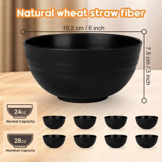 Alt view image 2 of 7 - Unbreakable Cereal Bowls Set of 8, 26 Oz Wheat Straw Bowl Sets, Microwave & Dishwasher Safe Bowls for Kitchen, Reusable Plastic Bowl for Soup, Salad, Rice, Snack, BPA Free, Balck