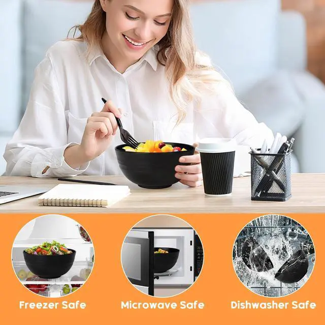 Alt view image 6 of 7 - Unbreakable Cereal Bowls Set of 8, 26 Oz Wheat Straw Bowl Sets, Microwave & Dishwasher Safe Bowls for Kitchen, Reusable Plastic Bowl for Soup, Salad, Rice, Snack, BPA Free, Balck