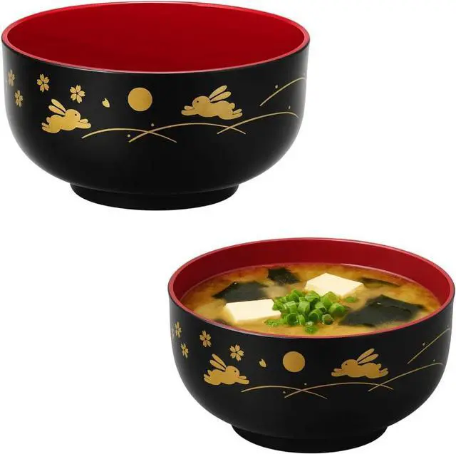 Main image of JapanBargain, 2-Pack Japanese Lacquer Soup Bowls, Bunny & Moon Pattern, Black/Red Donburi Rice & Miso Bowls, 2 Pack, 5-Inch, Made in Japan