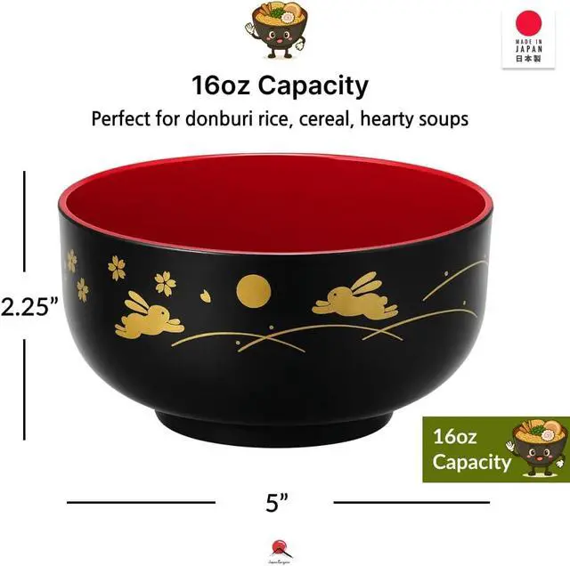 Alt view image 2 of 6 - JapanBargain, 2-Pack Japanese Lacquer Soup Bowls, Bunny & Moon Pattern, Black/Red Donburi Rice & Miso Bowls, 2 Pack, 5-Inch, Made in Japan