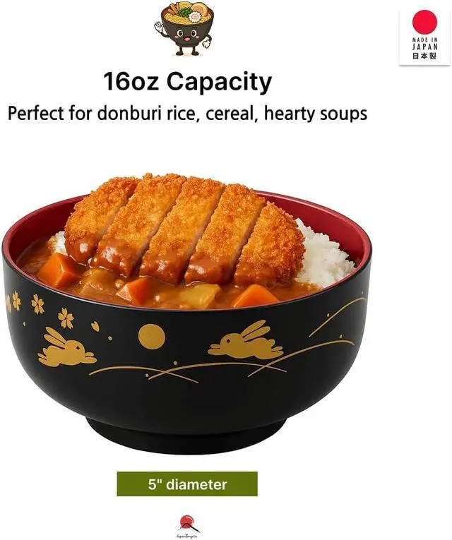 Alt view image 4 of 6 - JapanBargain, 2-Pack Japanese Lacquer Soup Bowls, Bunny & Moon Pattern, Black/Red Donburi Rice & Miso Bowls, 2 Pack, 5-Inch, Made in Japan