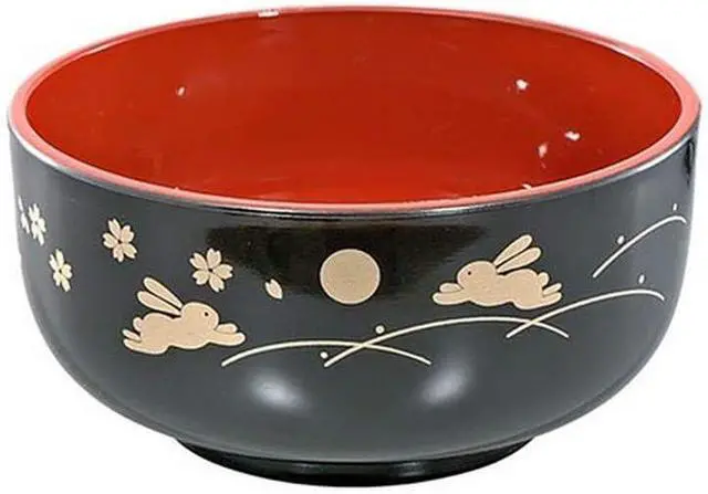 Alt view image 5 of 6 - JapanBargain, 2-Pack Japanese Lacquer Soup Bowls, Bunny & Moon Pattern, Black/Red Donburi Rice & Miso Bowls, 2 Pack, 5-Inch, Made in Japan