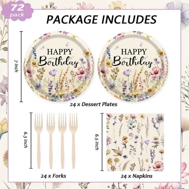 Alt view image 2 of 7 - 72Pcs Fall Wildflower Plates and Napkins, Floral Birthday Party Supplies Autumn Wildflower Paper Plates and Napkins Forks Tableware Decorations for Fall Picnic Tea Party Baby Shower Birthday, Serve 24