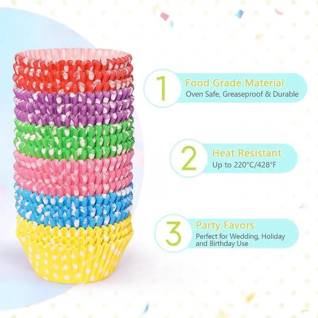 Alt view image 3 of 5 - Standard Cupcake Liners 450 Count, Cute Polka Dots Paper Baking Cups Food Grade Disposable Cupcake Wrappers Rainbow Muffin Cups for Wedding Birthday Tea Party Baking Supplies