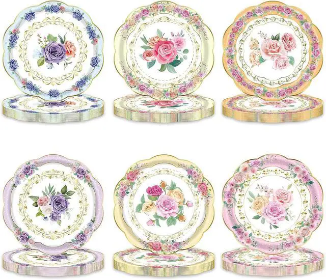 Main image of 48PCS Floral Paper Plates, 7 Inch Disposable Tea Party Plates, 6 Designs