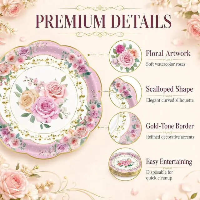 Alt view image 3 of 7 - 48PCS Floral Paper Plates, 7 Inch Disposable Tea Party Plates, 6 Designs