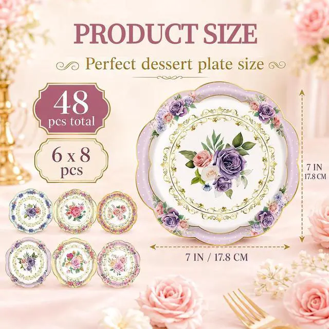 Alt view image 2 of 7 - 48PCS Floral Paper Plates, 7 Inch Disposable Tea Party Plates, 6 Designs