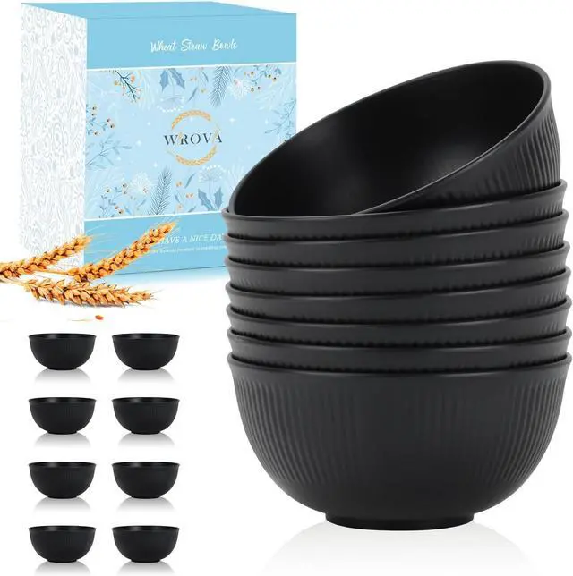 Main image of Wrova Wheat Straw Bowls Set of 8, Black Plastic Bowls Reusable 26 OZ