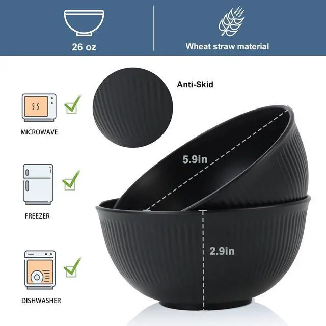 Alt view image 2 of 5 - Wrova Wheat Straw Bowls Set of 8, Black Plastic Bowls Reusable 26 OZ