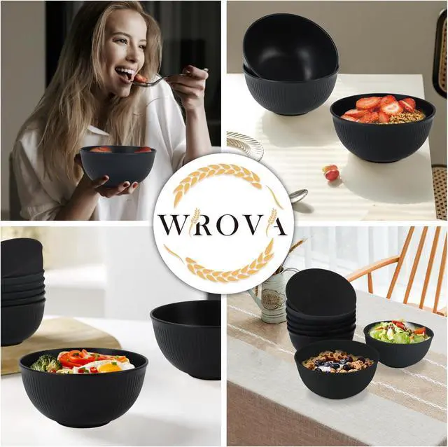Alt view image 5 of 5 - Wrova Wheat Straw Bowls Set of 8, Black Plastic Bowls Reusable 26 OZ