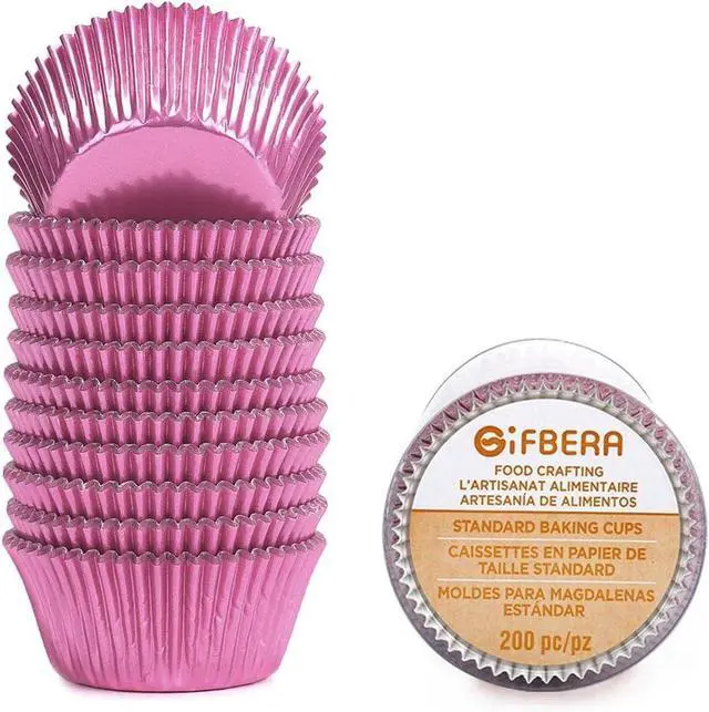 Main image of Gifbera Standard Pink Foil Cupcake Liners for Baking 200 Count - Metallic Greaseproof Cupcake Wrappers Muffin Cups, Heavy Duty, Non-Stick, Easy to Peel