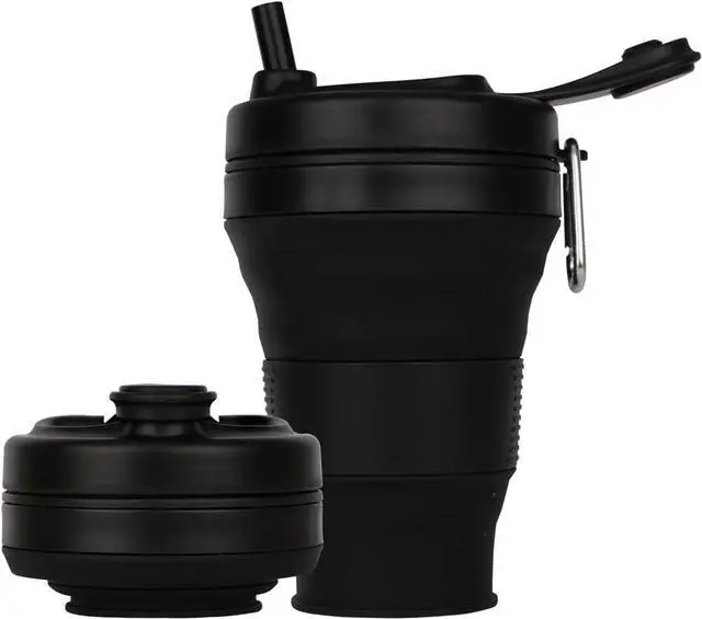 Main image of Silicone Coffee Cup with Straw lid Collapsible Cups for Traveling 20oz Lightweight Folding Water Mug for Picnic Hicking Camping Climbing (Black)