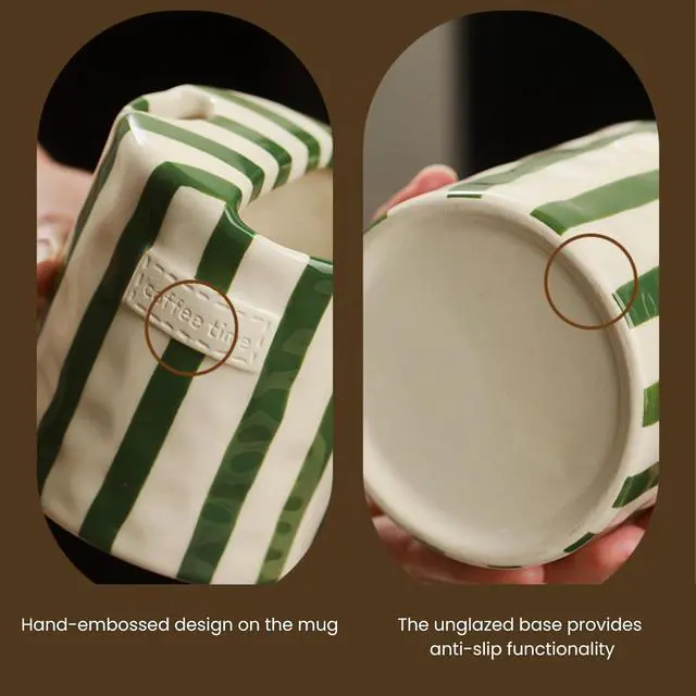 Alt view image 5 of 6 - Coffee Mug Espresso Cup 10oz Ceramic Coffee Mugs Porcelain Coffee Cup Hand-Painted Striped Art Multiple Use for Kitchen, Dining-Green