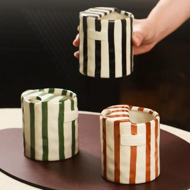 Alt view image 6 of 6 - Coffee Mug Espresso Cup 10oz Ceramic Coffee Mugs Porcelain Coffee Cup Hand-Painted Striped Art Multiple Use for Kitchen, Dining-Green