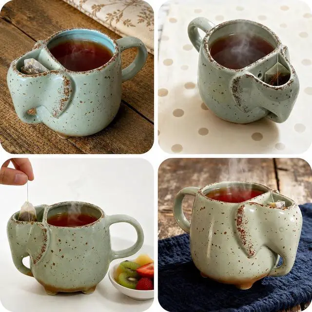 Alt view image 3 of 6 - Elephant Mugs for Tea Lover Women Ceramic 15 oz Green