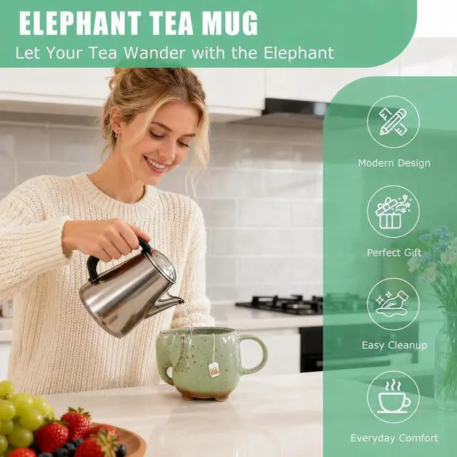 Alt view image 4 of 6 - Elephant Mugs for Tea Lover Women Ceramic 15 oz Green