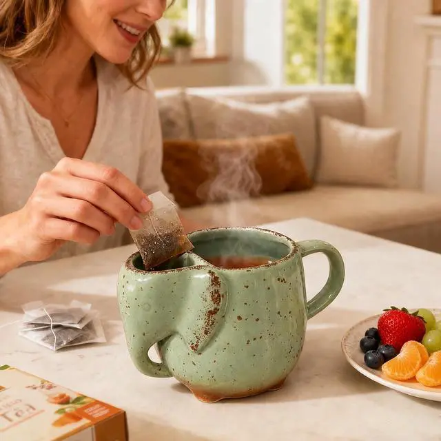 Alt view image 6 of 6 - Elephant Mugs for Tea Lover Women Ceramic 15 oz Green