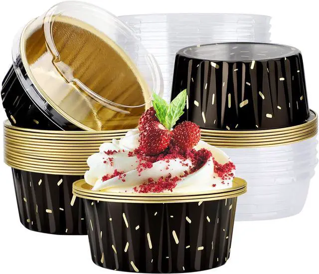 Main image of EUSOAR Foil Ramekins with Lids, Black 25Packs 5oz Disposable Baking Cups Foil Liner Cupcake Container, Dessert Cheesecake Pan Creme Brulee Cupcake Containers for Catering Gathering Club Wedding Party