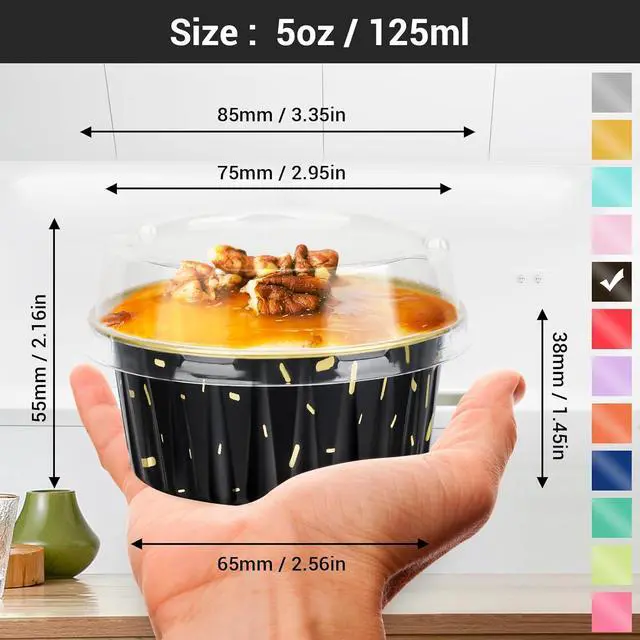 Alt view image 2 of 7 - EUSOAR Foil Ramekins with Lids, Black 25Packs 5oz Disposable Baking Cups Foil Liner Cupcake Container, Dessert Cheesecake Pan Creme Brulee Cupcake Containers for Catering Gathering Club Wedding Party