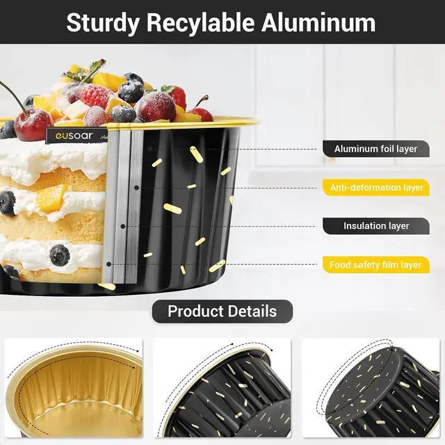 Alt view image 3 of 7 - EUSOAR Foil Ramekins with Lids, Black 25Packs 5oz Disposable Baking Cups Foil Liner Cupcake Container, Dessert Cheesecake Pan Creme Brulee Cupcake Containers for Catering Gathering Club Wedding Party