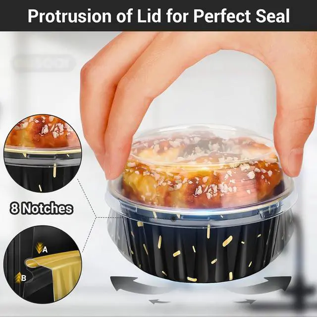 Alt view image 4 of 7 - EUSOAR Foil Ramekins with Lids, Black 25Packs 5oz Disposable Baking Cups Foil Liner Cupcake Container, Dessert Cheesecake Pan Creme Brulee Cupcake Containers for Catering Gathering Club Wedding Party