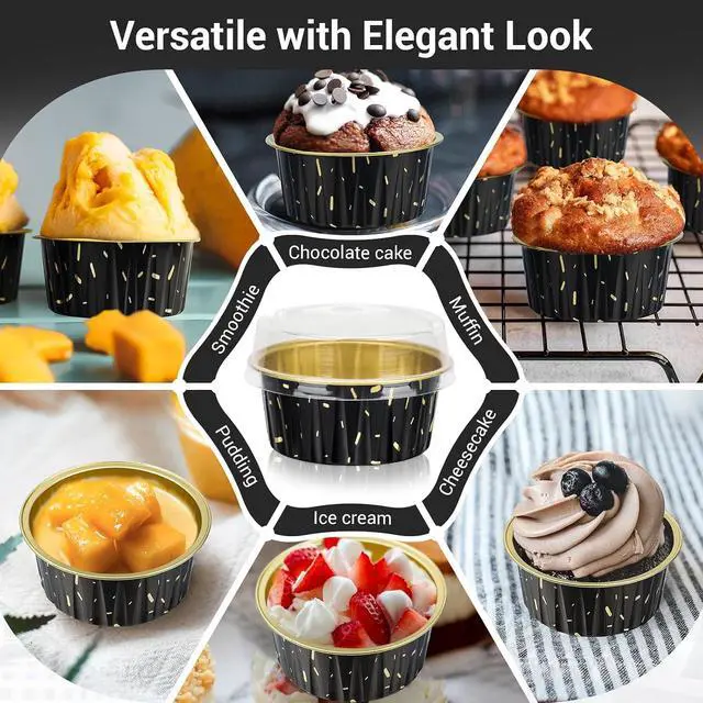 Alt view image 7 of 7 - EUSOAR Foil Ramekins with Lids, Black 25Packs 5oz Disposable Baking Cups Foil Liner Cupcake Container, Dessert Cheesecake Pan Creme Brulee Cupcake Containers for Catering Gathering Club Wedding Party