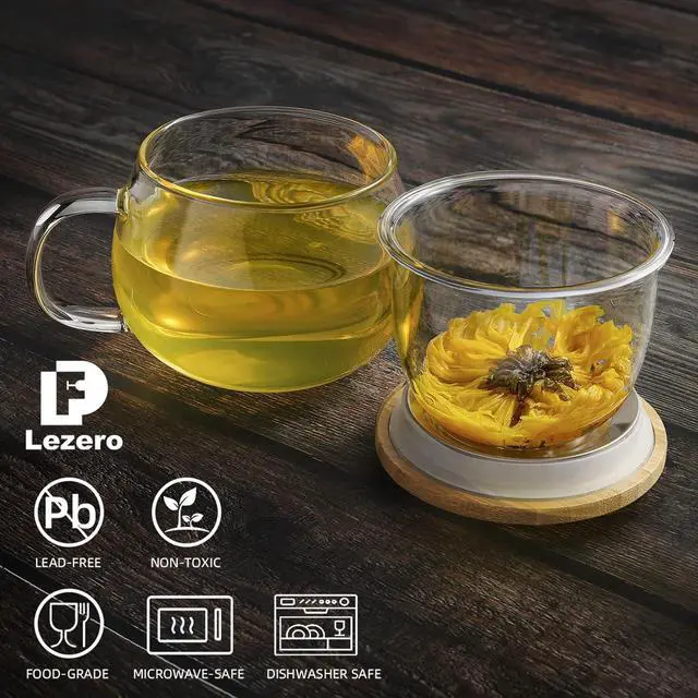 Alt view image 3 of 7 - 13oz Clear Glass Tea Mug with Filter and Lid for Blooming & Loose Leaf Tea