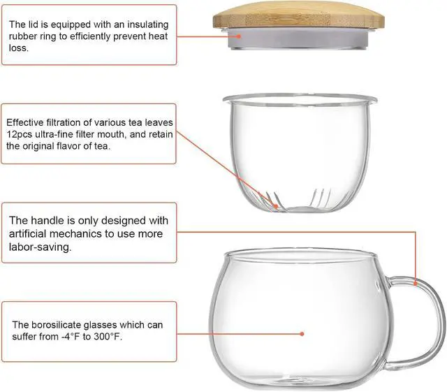 Alt view image 5 of 7 - 13oz Clear Glass Tea Mug with Filter and Lid for Blooming & Loose Leaf Tea