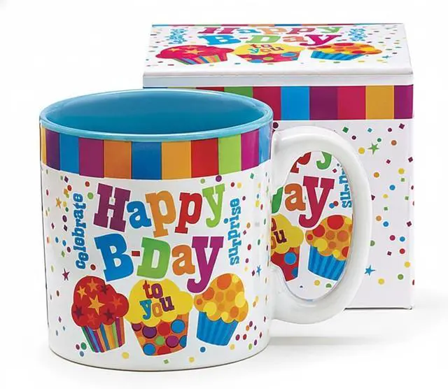 Main image of burton + Burton Festive "Happy Birthday To You" Ceramic Coffee Mug, 13 oz Cupcake & Polka Dot Design with Blue Interior, Includes Printed Gift Box