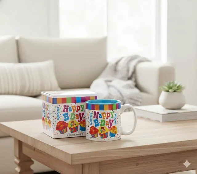 Alt view image 3 of 3 - burton + Burton Festive "Happy Birthday To You" Ceramic Coffee Mug, 13 oz Cupcake & Polka Dot Design with Blue Interior, Includes Printed Gift Box