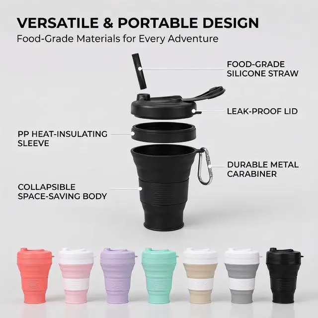 Alt view image 2 of 7 - Silicone Coffee Cup with Straw lid Collapsible Cups for Traveling 20oz Lightweight Folding Water Mug for Picnic Hicking Camping Climbing (Black)