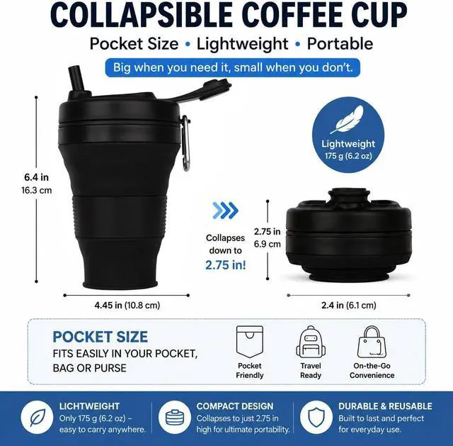 Alt view image 3 of 7 - Silicone Coffee Cup with Straw lid Collapsible Cups for Traveling 20oz Lightweight Folding Water Mug for Picnic Hicking Camping Climbing (Black)