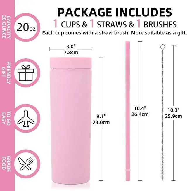 Alt view image 2 of 6 - Volhoply 20oz Plastic Skinny Tumbler,Double Wall Tumblers with Lid and Straw,Reusable Travel Iced Coffee Mug,BPA Free Matte Acrylic Water Cups With Straw for Parties,DIY Gifts(Pink, 1 Set