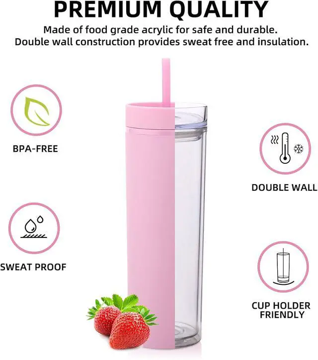 Alt view image 3 of 6 - Volhoply 20oz Plastic Skinny Tumbler,Double Wall Tumblers with Lid and Straw,Reusable Travel Iced Coffee Mug,BPA Free Matte Acrylic Water Cups With Straw for Parties,DIY Gifts(Pink, 1 Set