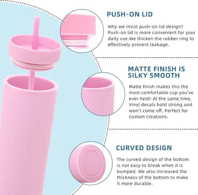 Alt view image 4 of 6 - Volhoply 20oz Plastic Skinny Tumbler,Double Wall Tumblers with Lid and Straw,Reusable Travel Iced Coffee Mug,BPA Free Matte Acrylic Water Cups With Straw for Parties,DIY Gifts(Pink, 1 Set