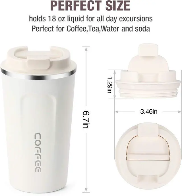 Alt view image 2 of 7 - 17oz (510ml) Vacuum Insulated Coffee Travel Mug, Leak proof Double Wall Stainless Steel Reusable Cup with Lid, Thermal Tumbler for Hot and Cold Drinks, Matte Texture White