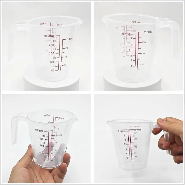 Alt view image 5 of 7 - Plastic Measuring Cup 2Pcs 250ML Measuring Mug 8/16oz with Handle Graduated Pitcher for Baking Flour Oil Powder Cooking Kitchen Measure Container Stackable (250ML/0.06Gal)