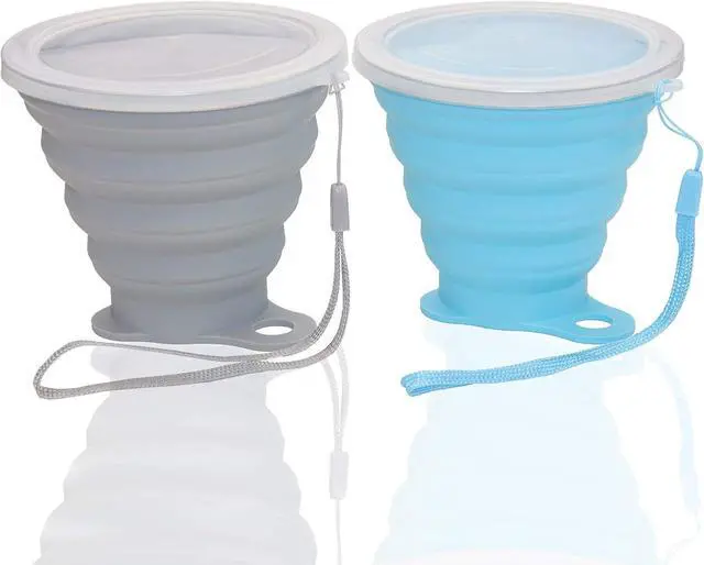 Main image of Nanaborn Silicone Collapsible Cups for Camping Travel, Small Portable Drinking Cup with Lids Reusable for Outdoor Hiking 270ml (Blue/Gray, 2 Pack)
