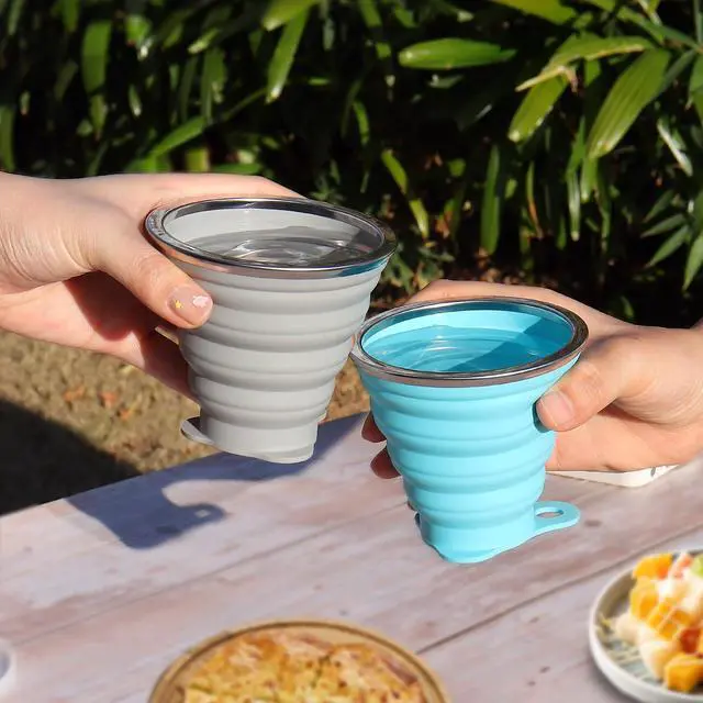 Alt view image 2 of 7 - Nanaborn Silicone Collapsible Cups for Camping Travel, Small Portable Drinking Cup with Lids Reusable for Outdoor Hiking 270ml (Blue/Gray, 2 Pack)