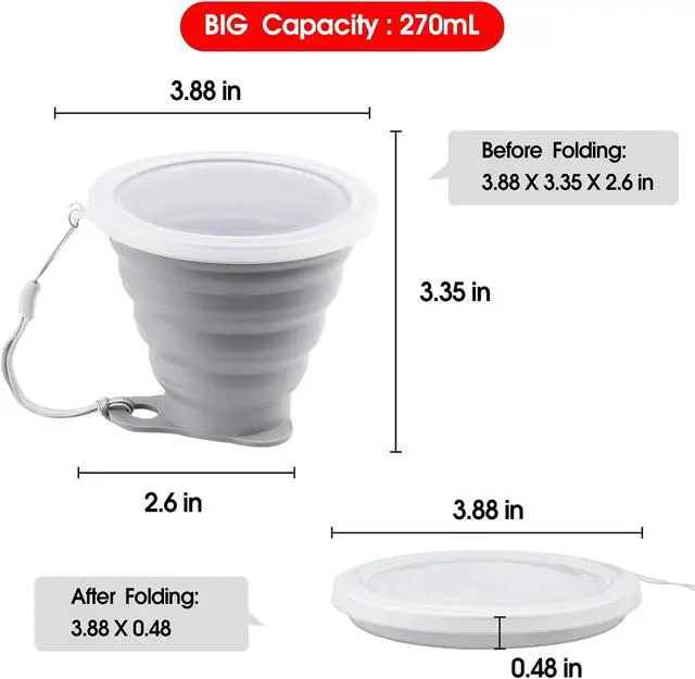 Alt view image 6 of 7 - Nanaborn Silicone Collapsible Cups for Camping Travel, Small Portable Drinking Cup with Lids Reusable for Outdoor Hiking 270ml (Blue/Gray, 2 Pack)