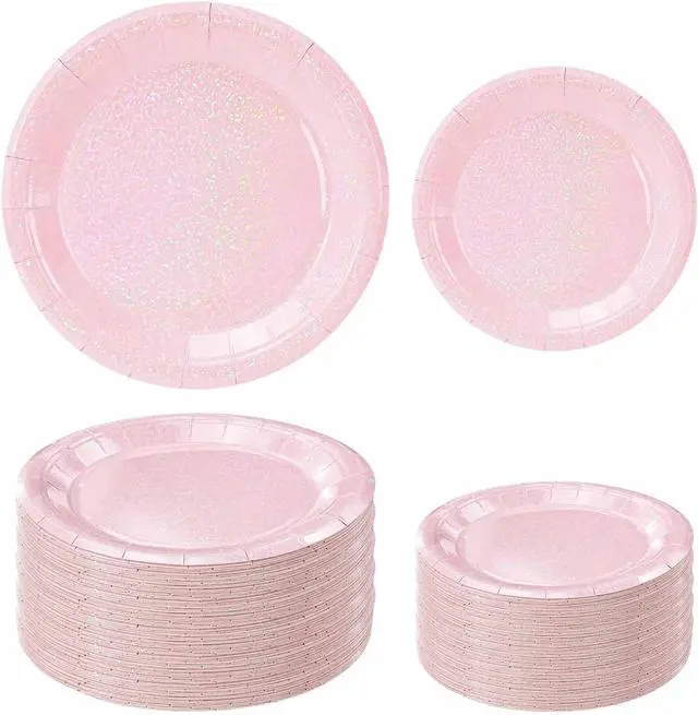 Main image of 50 Pcs Iridescent Light Pink Paper Plates 25 × 7'' and 25 × 9'' Disposable Pink Shiny Holographic Foil Dinner Plates for Wedding Baby Shower Birthday Disco Party Glitter Dessert Plate