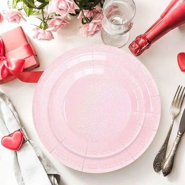 Alt view image 2 of 7 - 50 Pcs Iridescent Light Pink Paper Plates 25 × 7'' and 25 × 9'' Disposable Pink Shiny Holographic Foil Dinner Plates for Wedding Baby Shower Birthday Disco Party Glitter Dessert Plate