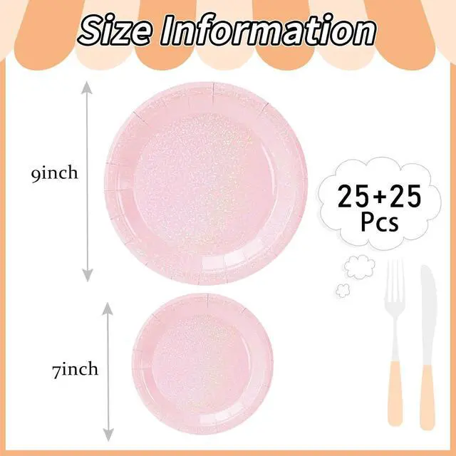 Alt view image 3 of 7 - 50 Pcs Iridescent Light Pink Paper Plates 25 × 7'' and 25 × 9'' Disposable Pink Shiny Holographic Foil Dinner Plates for Wedding Baby Shower Birthday Disco Party Glitter Dessert Plate