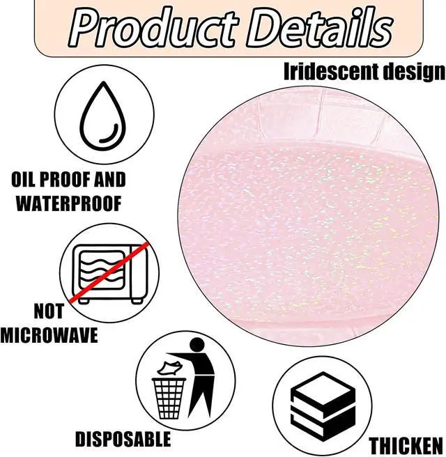 Alt view image 4 of 7 - 50 Pcs Iridescent Light Pink Paper Plates 25 × 7'' and 25 × 9'' Disposable Pink Shiny Holographic Foil Dinner Plates for Wedding Baby Shower Birthday Disco Party Glitter Dessert Plate