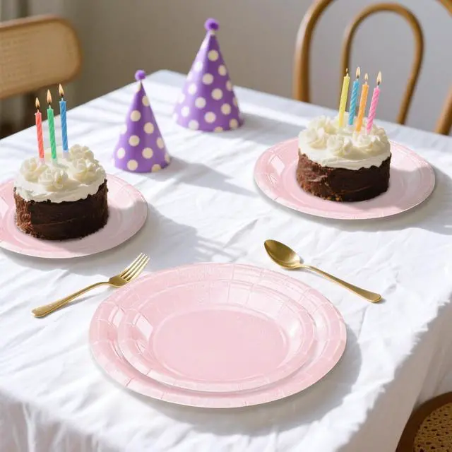 Alt view image 5 of 7 - 50 Pcs Iridescent Light Pink Paper Plates 25 × 7'' and 25 × 9'' Disposable Pink Shiny Holographic Foil Dinner Plates for Wedding Baby Shower Birthday Disco Party Glitter Dessert Plate
