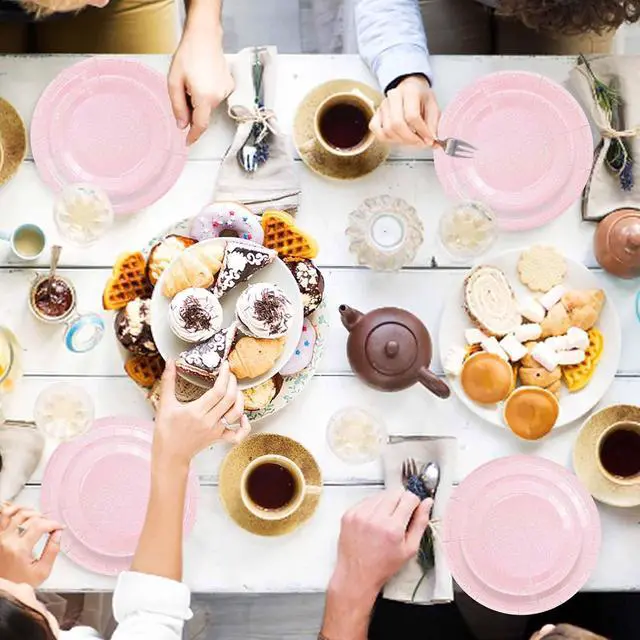 Alt view image 7 of 7 - 50 Pcs Iridescent Light Pink Paper Plates 25 × 7'' and 25 × 9'' Disposable Pink Shiny Holographic Foil Dinner Plates for Wedding Baby Shower Birthday Disco Party Glitter Dessert Plate