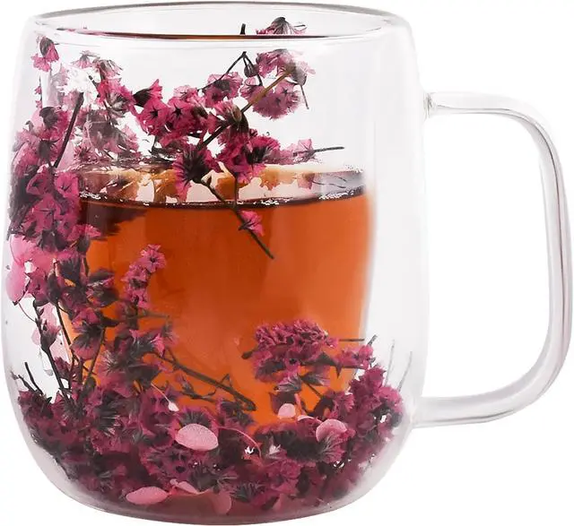 Main image of Real Flower Glass Tea Cup, 13 oz Double Wall Glass Coffee Mug with Preserved Flowers, Borosilicate Floral Cup, Gift for Women