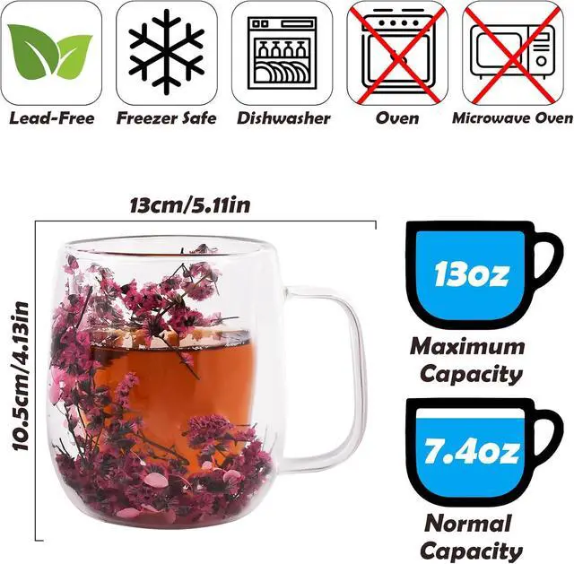 Alt view image 2 of 7 - Real Flower Glass Tea Cup, 13 oz Double Wall Glass Coffee Mug with Preserved Flowers, Borosilicate Floral Cup, Gift for Women