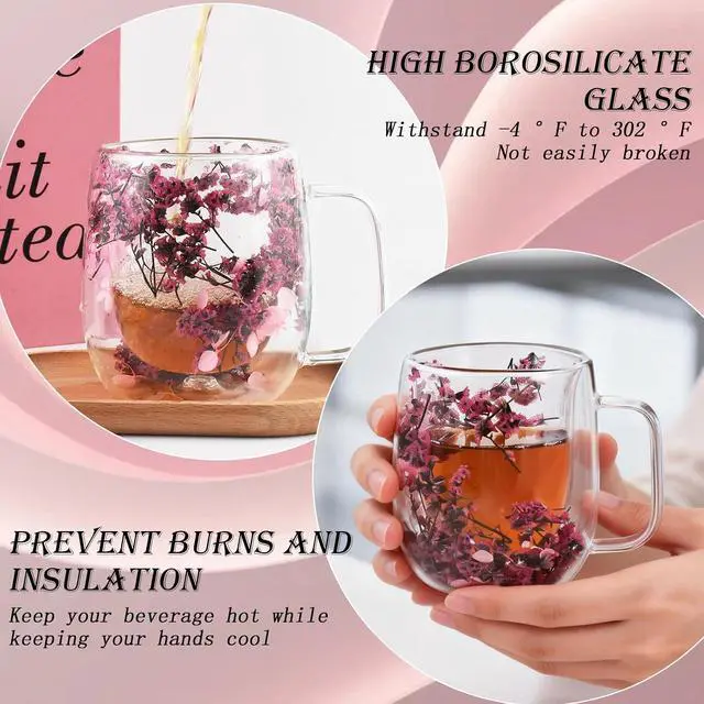 Alt view image 3 of 7 - Real Flower Glass Tea Cup, 13 oz Double Wall Glass Coffee Mug with Preserved Flowers, Borosilicate Floral Cup, Gift for Women